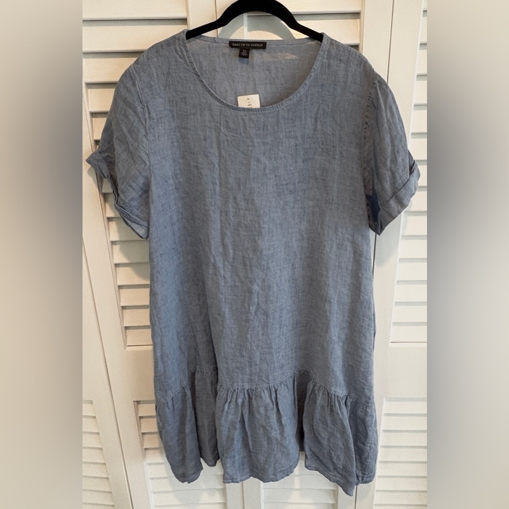 NWT Saks Fifth Avenue Dress Linen Drop Waist Babydoll Short Sleeve Ruffle Hem M - Picture 2 of 6